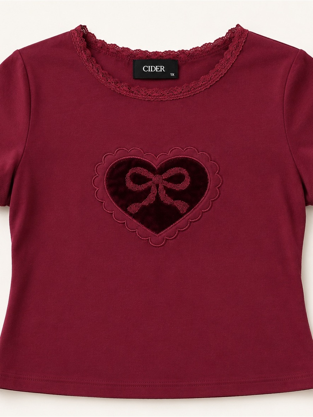 Cider Heart Lace Bow Tee | Burgundy Baby Tee | Curve 1X